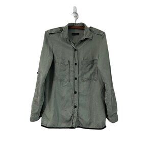 Zara Woman Premium Khaki Green Denim Roll Tab Sleeves Button Shirt Size XS
